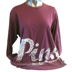 Victoria's Secret PINK Dark Orchid w/ Silver Sequins Long Sleeve Campus Tee M